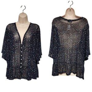 Lane Bryant 3/4 Bell Sleeve V-Neck Sheer Star Pattern Blouse Multi-Blue Sz 26-28